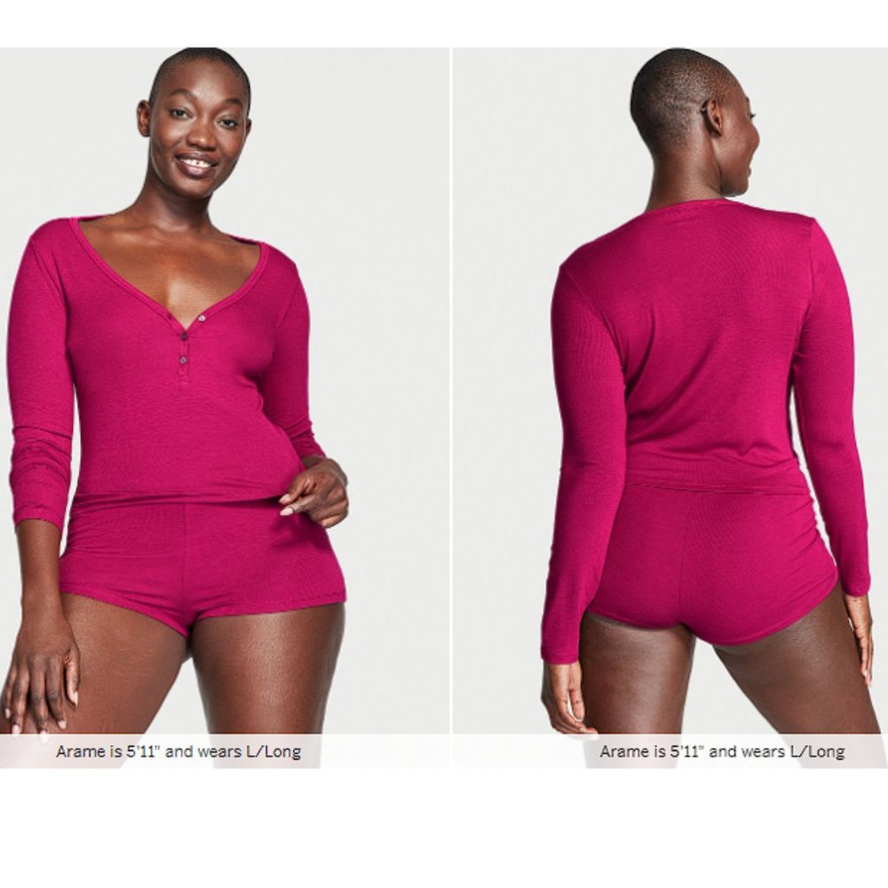 VICTORIA'S SECRET XL Ribbed Modal Henley Short Pajama Set NWT Claret Red Comfy - Picture 2 of 8